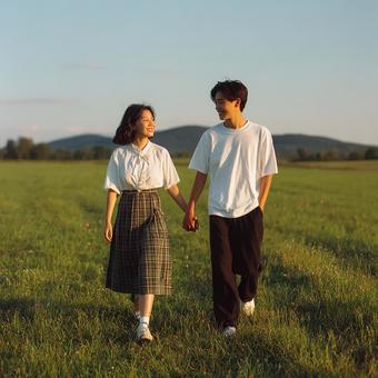 草原を手をつないで歩く二人の写真