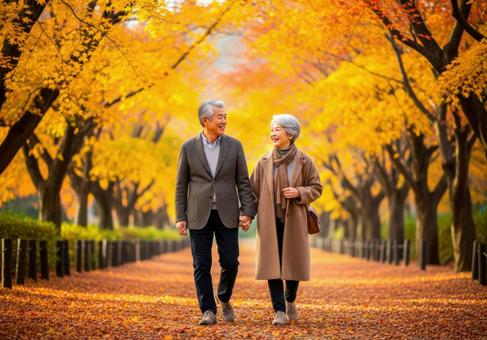 手をつなぎ紅葉道を散策するシニアカップル 手をつなぎ紅葉道を散策するシニアカップルの写真