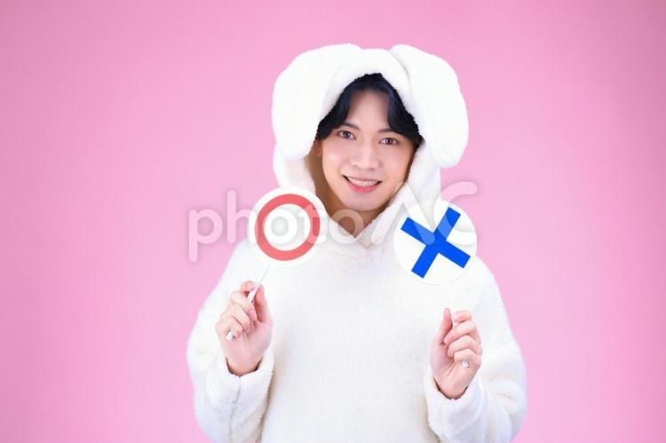 クイズプレートを持つうさぎの衣装の男性 男性,クイズプレート,持つの写真素材