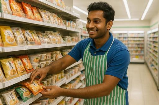 商品を棚に並べているコンビニ外国人店員 商品を棚に並べているコンビニ外国人店員の写真