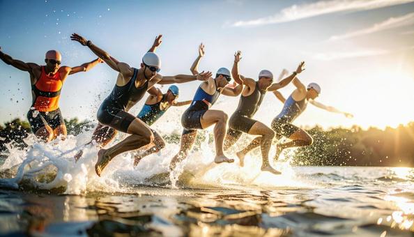 トライアスロン 一斉に水に飛び込む選手 トライアスロン 一斉に水に飛び込む選手の写真