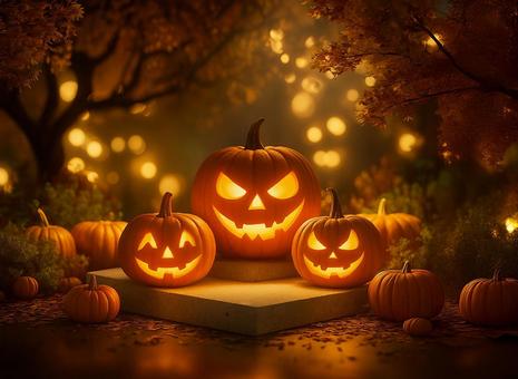 森の中のハロウィンのかぼちゃ飾り 森の中のハロウィンのかぼちゃ飾りの写真