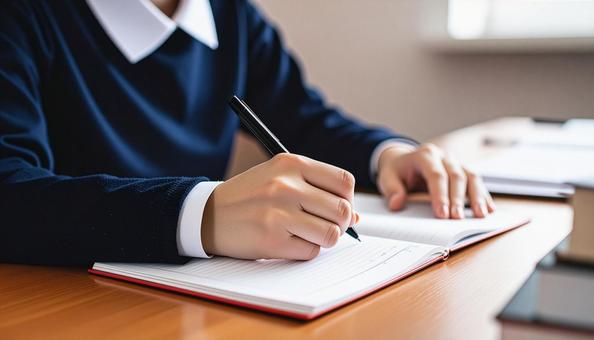ノートに字を書く男子学生の手元 ノートに字を書く男子学生の手元の写真