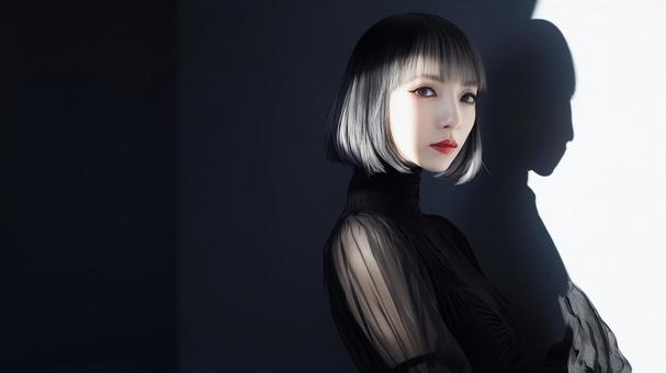 黒いドレスを着たボブヘアーの魅惑的な女性の写真