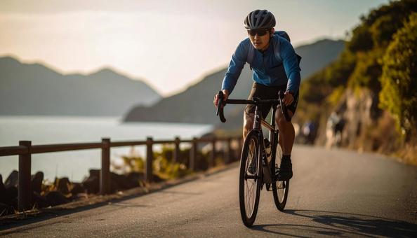 休日に海辺をサイクリングする男性 休日に海辺をサイクリングする男性の写真