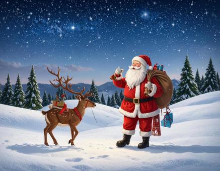 プレゼントを運ぶサンタクロースとトナカイ プレゼントを運ぶサンタクロースとトナカイの写真