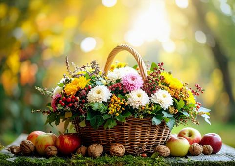 森の中の秋の花々を活けたバスケット 森の中の秋の花々を活けたバスケットの写真