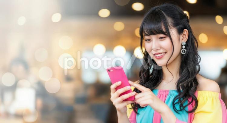 スマホを操作する笑顔の若い女性 若い女性,スマホ,スマートフォンの写真素材