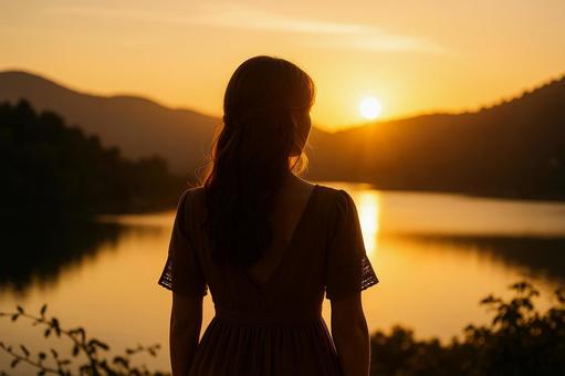 湖と夕日と女性の後ろ姿 湖と夕日と女性の後ろ姿の写真
