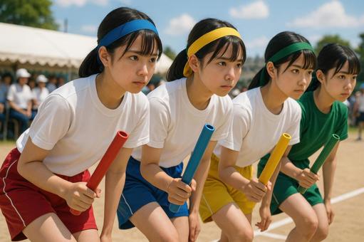 色別対抗リレーで並ぶ高校生女子 色別対抗リレーで並ぶ高校生女子の写真