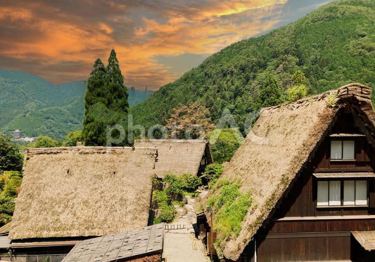 夕焼け空の藁葺き屋根の住宅地 藁葺き屋根,藁葺き,合掌村の写真素材