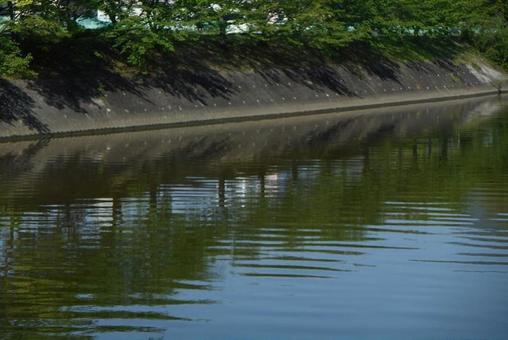 Trees and blue sky reflected on the surface of the river, JPG