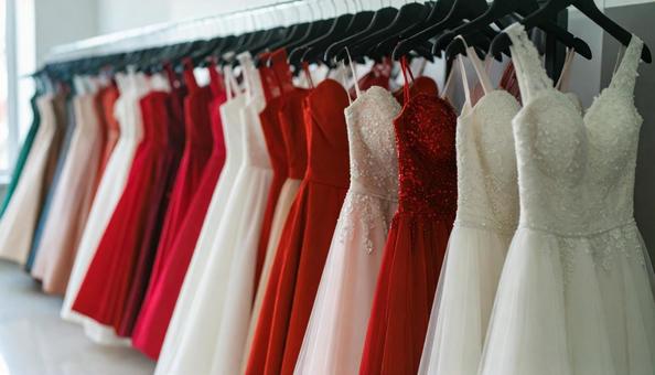 レンタルドレス屋にかかるたくさんのドレス レンタルドレス屋にかかるたくさんのドレスの写真
