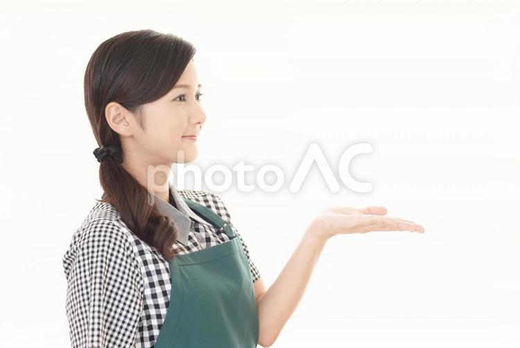 掌を見せる笑顔の女性 女性,女,主婦の写真素材