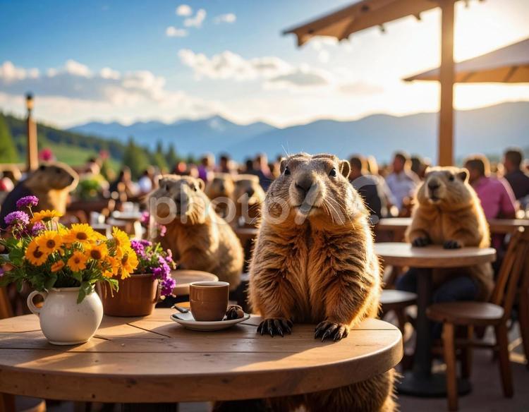 マーモットのカフェ 陸上動物,マーモット,小動物の写真素材