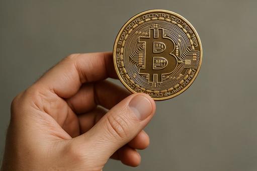 ビットコインを持ち上げる手 ビットコインを持ち上げる手の写真