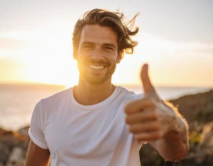 夕日の中で親指を立てる笑顔の男性 夕日の中で親指を立てる笑顔の男性の写真