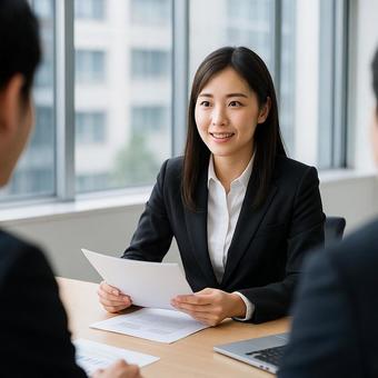 ビジネス会議をリードする日本人女性の写真