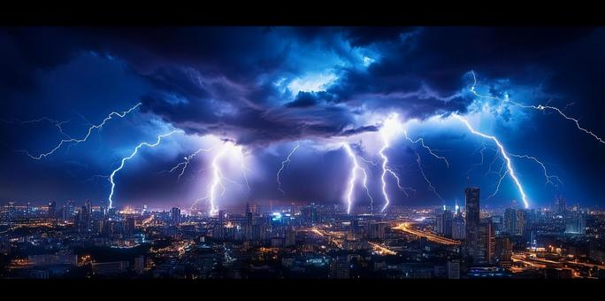 大都市を襲う複数の稲妻と激しい雷雨の写真