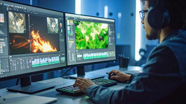 2画面でPC作業をする男性B 2画面でPC作業をする男性Bの写真