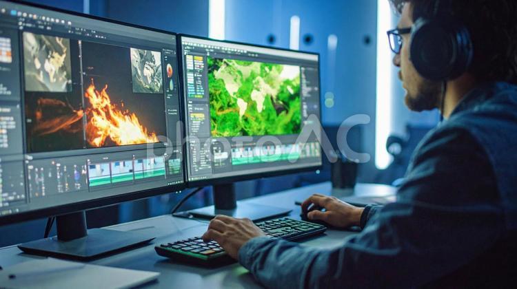 2画面でPC作業をする男性B pc,モニター,2画面の写真素材