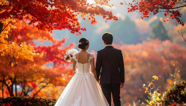 紅葉のウェデイングドレス姿の花嫁と花婿 紅葉のウェデイングドレス姿の花嫁と花婿の写真