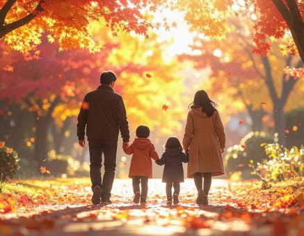 秋の紅葉を鑑賞しながら散歩する家族 秋の紅葉を鑑賞しながら散歩する家族の写真