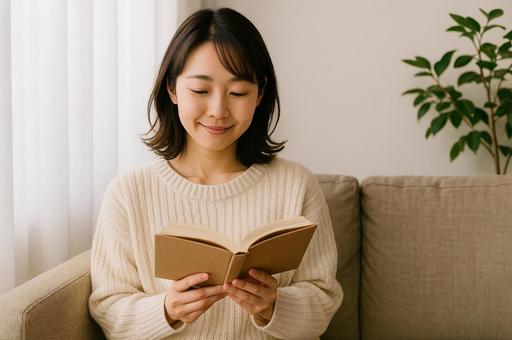 読書の秋を楽しむ女性 読書の秋を楽しむ女性の写真