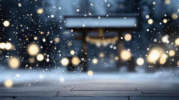 冬の山の神社、あたたかな灯りと舞う雪 冬の山の神社、あたたかな灯りと舞う雪の写真