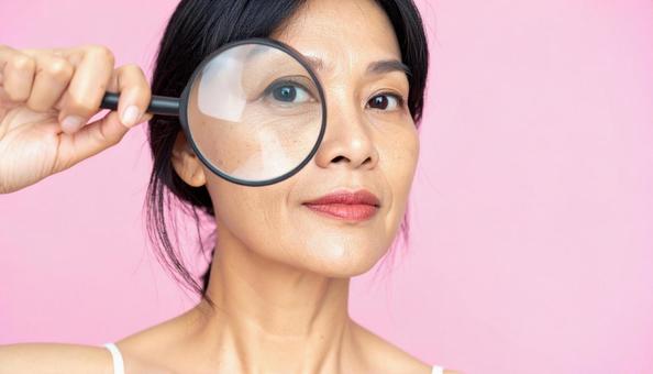 肌の老化を虫眼鏡で見る女性 肌の老化を虫眼鏡で見る女性の写真