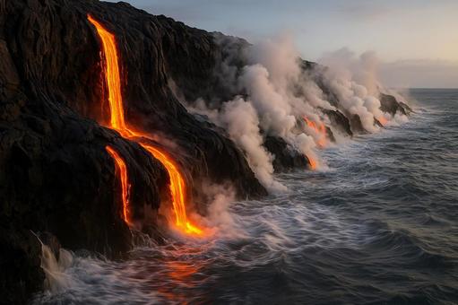 溶岩が海に流れ込むダイナミックな自然現象の写真