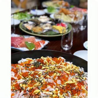 Photo, oyakuse, chirashi sushi, drinking party, 