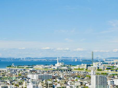 丸亀城から望む瀬戸大橋とゴールドタワー2 瀬戸大橋,瀬戸内海,丸亀市の写真素材