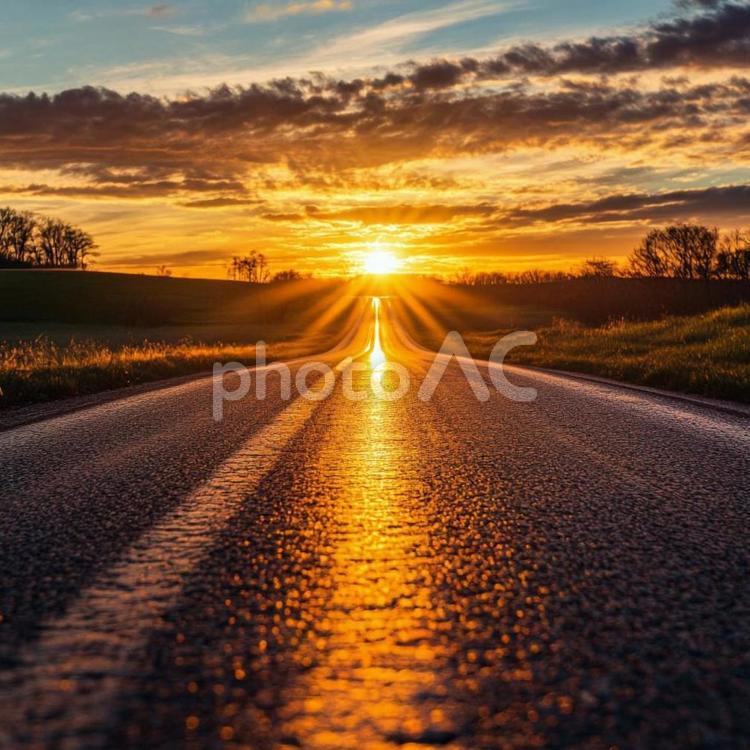 まっすぐ伸びる道と夕日の光景 夕日,日没,朝日の写真素材