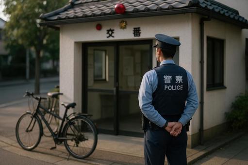 交番前で立つ警察官 交番前で立つ警察官の写真