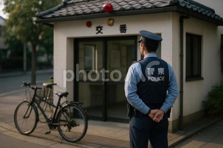 交番前で立つ警察官 警察官,交番,日本の写真素材