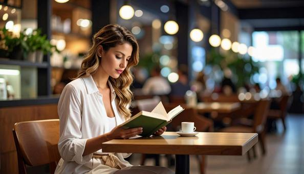 カフェで読書をする外国人女性 カフェで読書をする外国人女性の写真