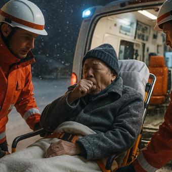 冬の夜間に緊急搬送されるシニア 冬の夜間に緊急搬送されるシニアの写真