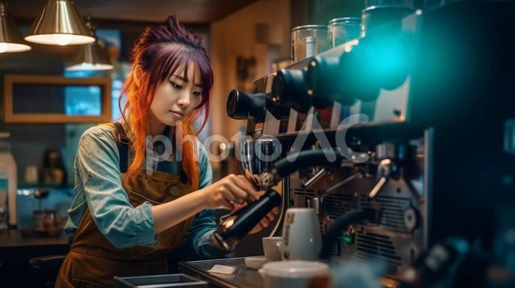 オシャレなカフェで働く女性 女性,カフェ,人物の写真素材