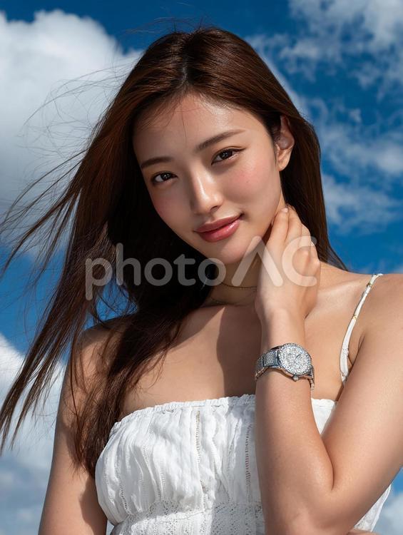 白い服が映える、明るい女性のポートレート 女性,笑顔,日本人の写真素材
