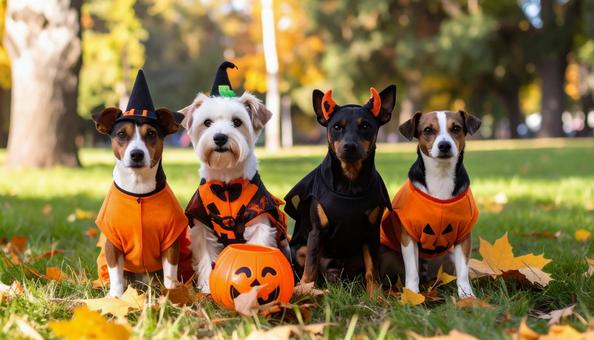 ハロウィンを楽しむ仮装した犬の写真