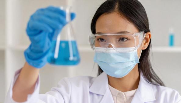 研究所で実験をする女性の研究者 研究所で実験をする女性の研究者の写真