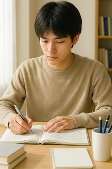 机で勉強に集中する男性・大学生・受験勉強 机で勉強に集中する男性・大学生・受験勉強の写真