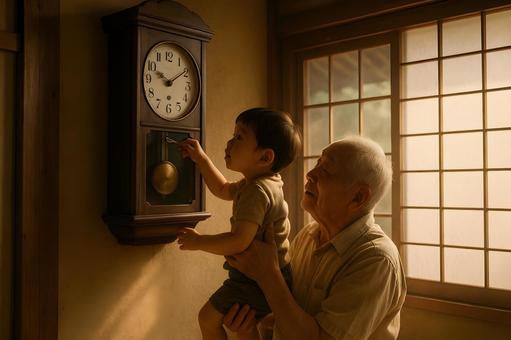 祖父と振り子時計の写真