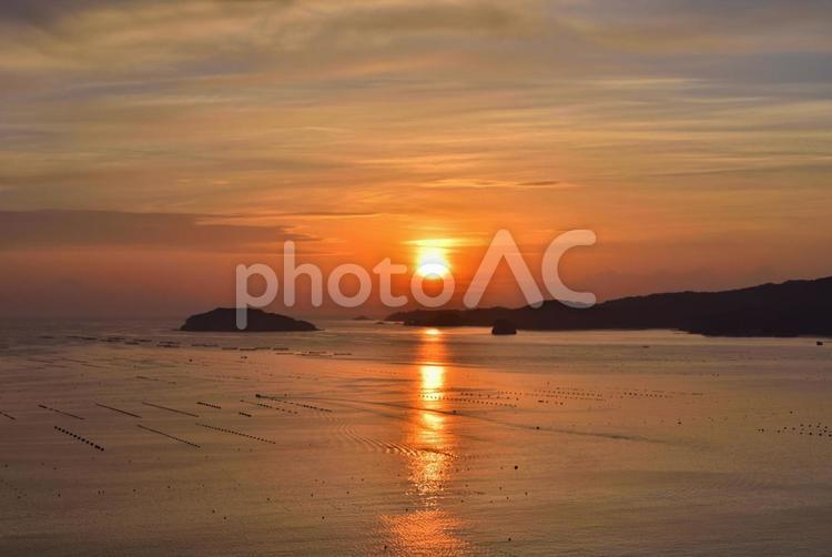 牡蠣棚並ぶ海に朝日 朝日,朝焼け,牡蠣棚の写真素材