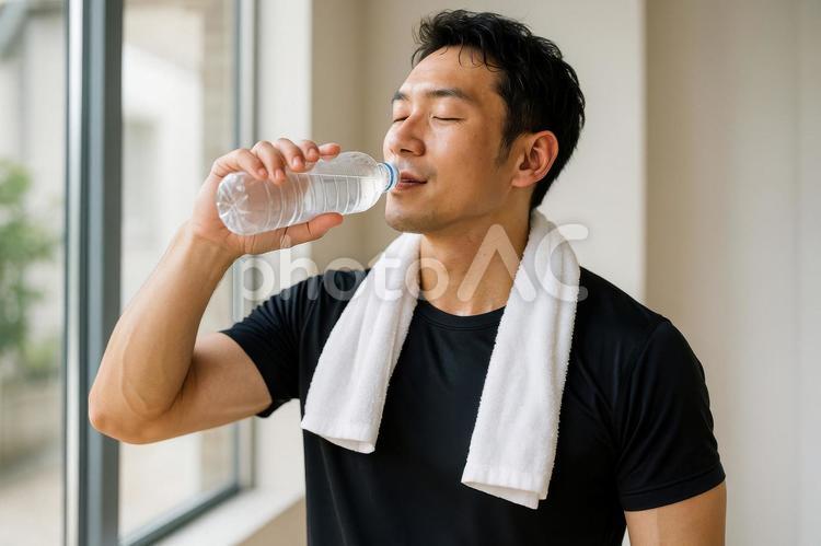 筋トレ後の水分補給 水分補給,筋トレ,男性の写真素材