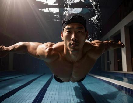 プールで泳ぐアジア系男性の写真