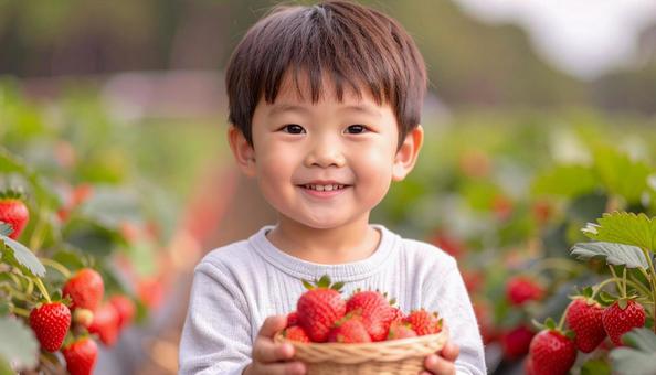 いちご狩り 苺畑でイチゴを摘む男の子 いちご狩り 苺畑でイチゴを摘む男の子の写真