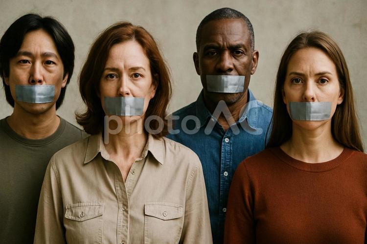口を塞がれた多様な人々の肖像 表現の自由,言論の自由,思想の写真素材