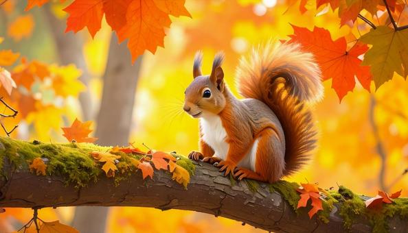 紅葉とリス 紅葉とリスの写真